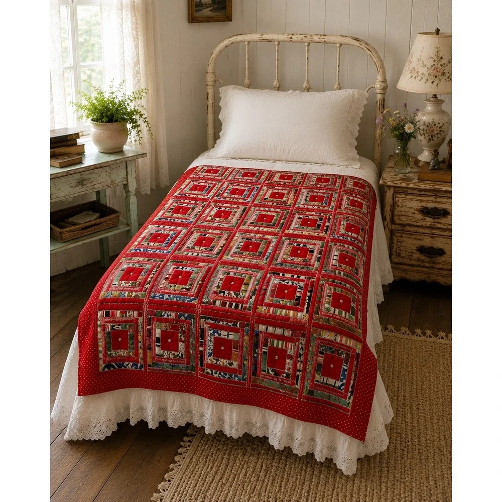 Vintage Handmade Log Cabin Quilt Hand Embroidered Twin 52x70 Folk Art